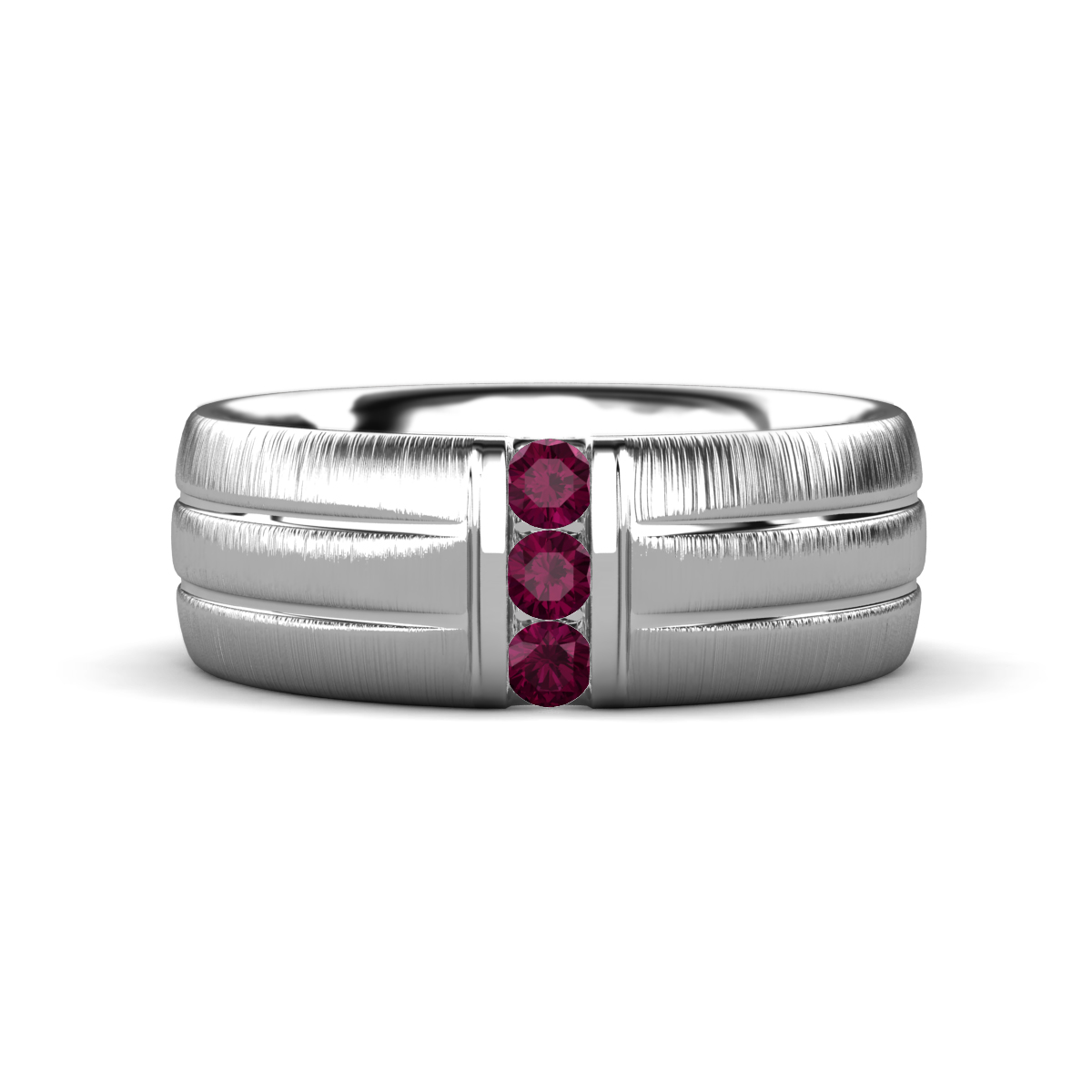 LeBron Round Rhodolite Garnet with Brushed and Polished Finish Three Stone Men's Wedding Band (8 mm) 